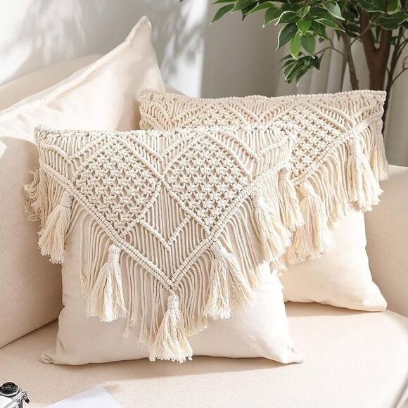 Kozyland 100% Cotton Woven Macrame Boho Cream Cushion Decorative Pillow Cover - Picture 1 of 4